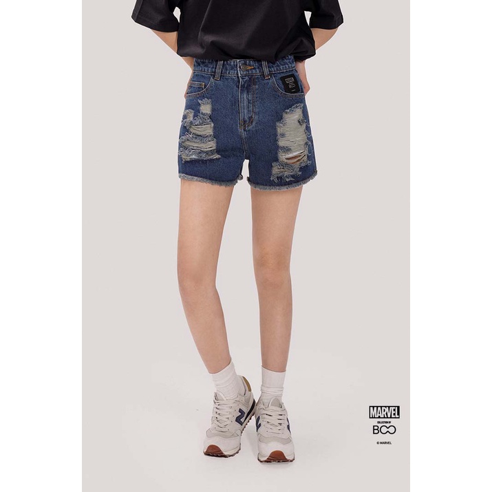 Quần Short BOO Jeans Nữ Cạp Cao Logo Marvel Phối Cào Rách Cá Tính