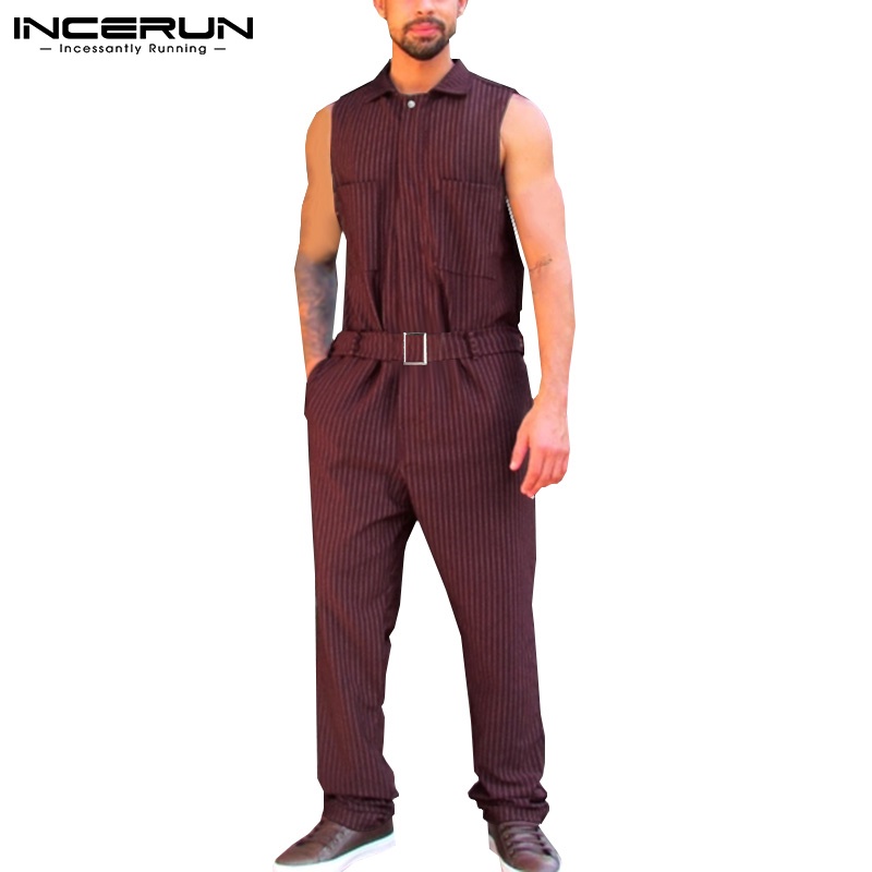 Áo liền quần Incerun không tay in kẻ sọc có thắt lưng kiểu mùa hè cho nam