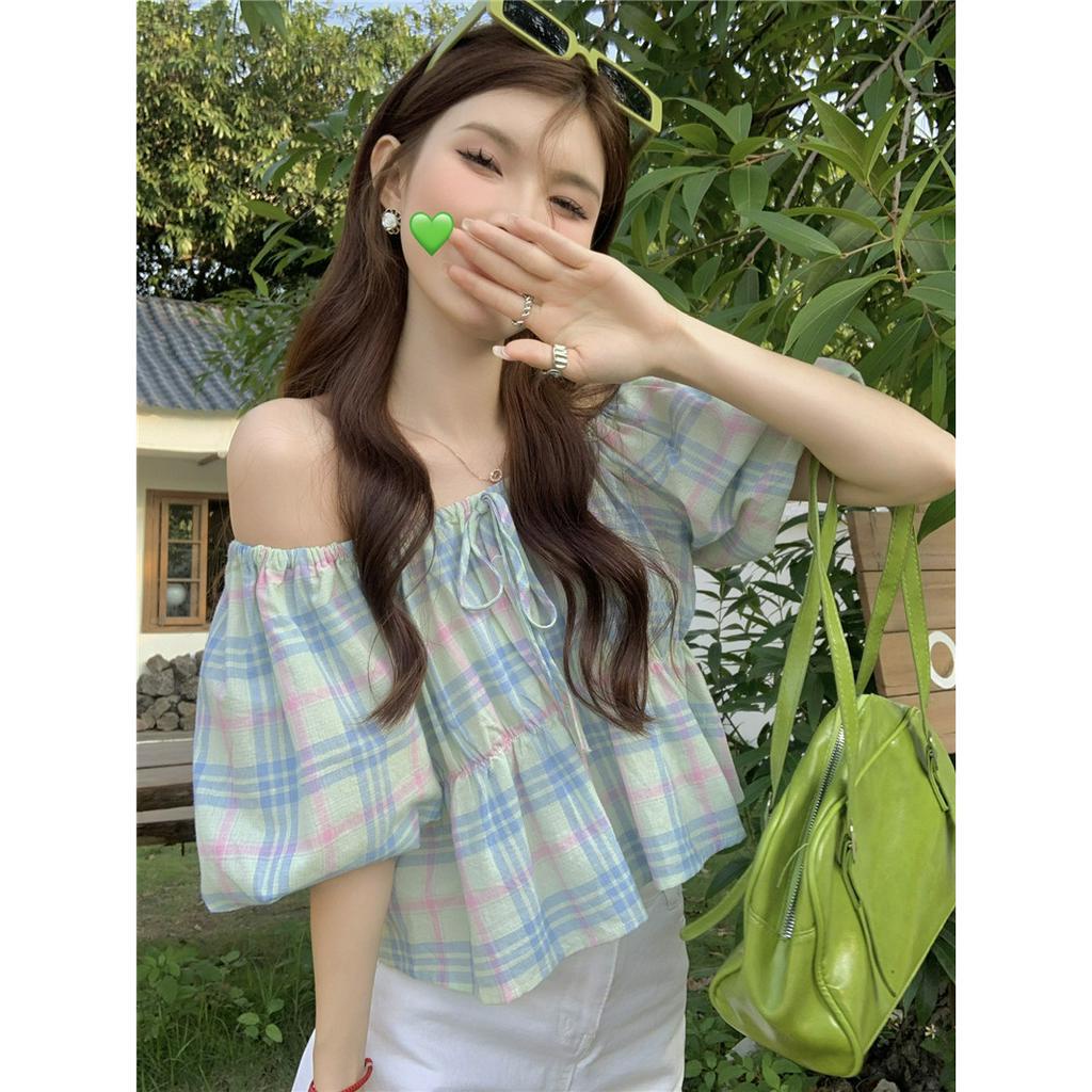 Áo Kiểu Cổ Vuông Tay Phồng Họa Tiết Sọc Caro Phong Cách Hàn Quốc Thời Trang Cho Nữ