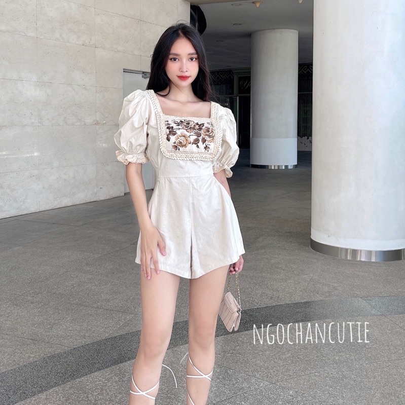 Jumpsuit màu beige linen thêu hoa cổ điển tay phồng vintage Ngochancutie