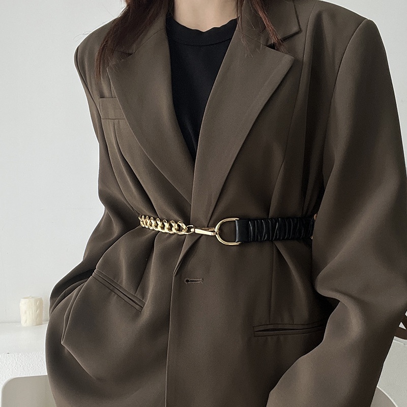 Thắt lưng nữ da kết hợp vải co giãn, mặt dây xích dùng làm đai váy, áo blazer vest SP0019