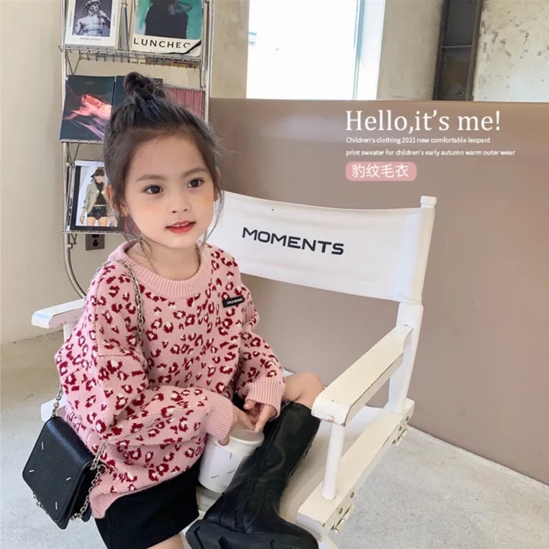 Áo len lót nỉ da beo Hồng bé gái