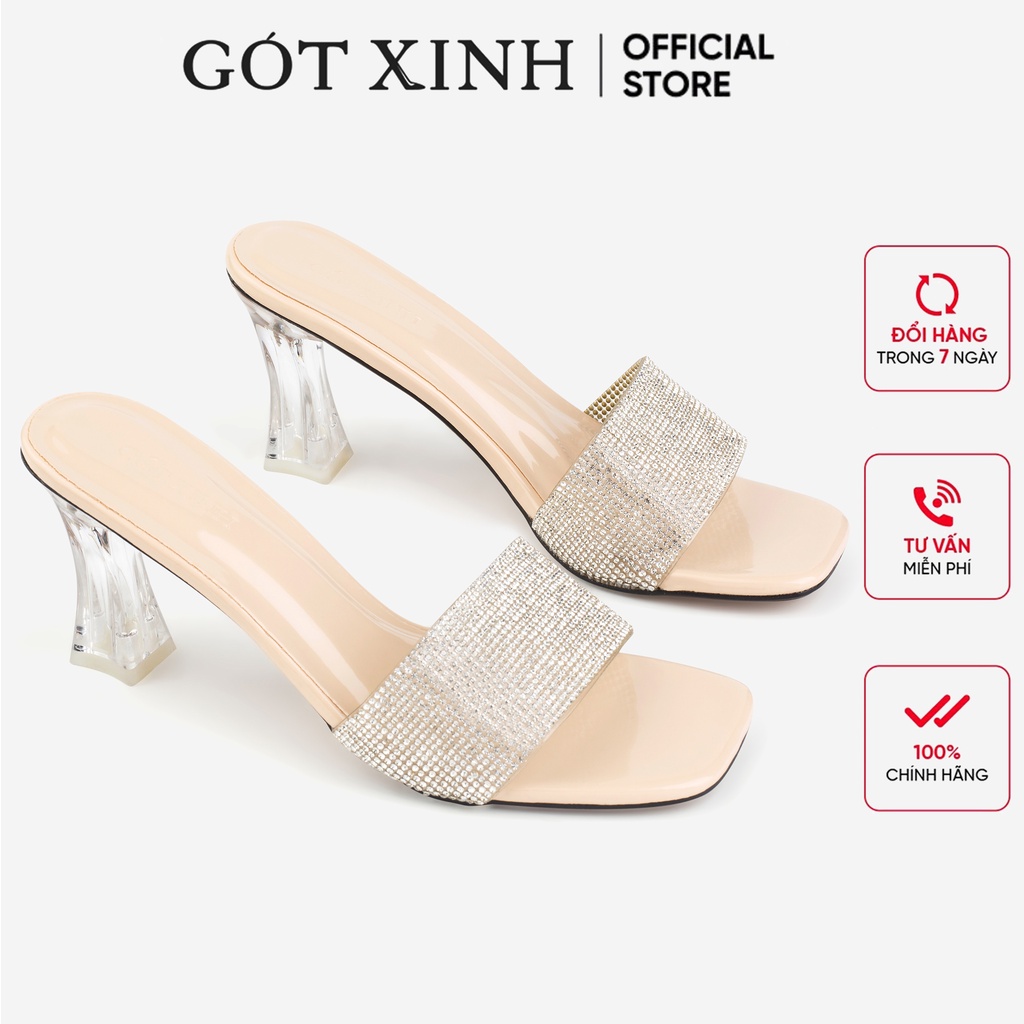 Dép cao gót nữ GÓT XINH D46 mũi vuông quai mika đính đá đế mika trong cao 7cm
