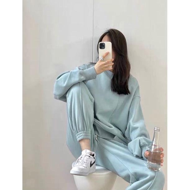 Set Nỉ Trơn Vạt Lệch Nữ [FREESHIP]  Bộ đồ sweater form rộng, quần ống boom kèm áo raplan màu Xanh Ulzzang