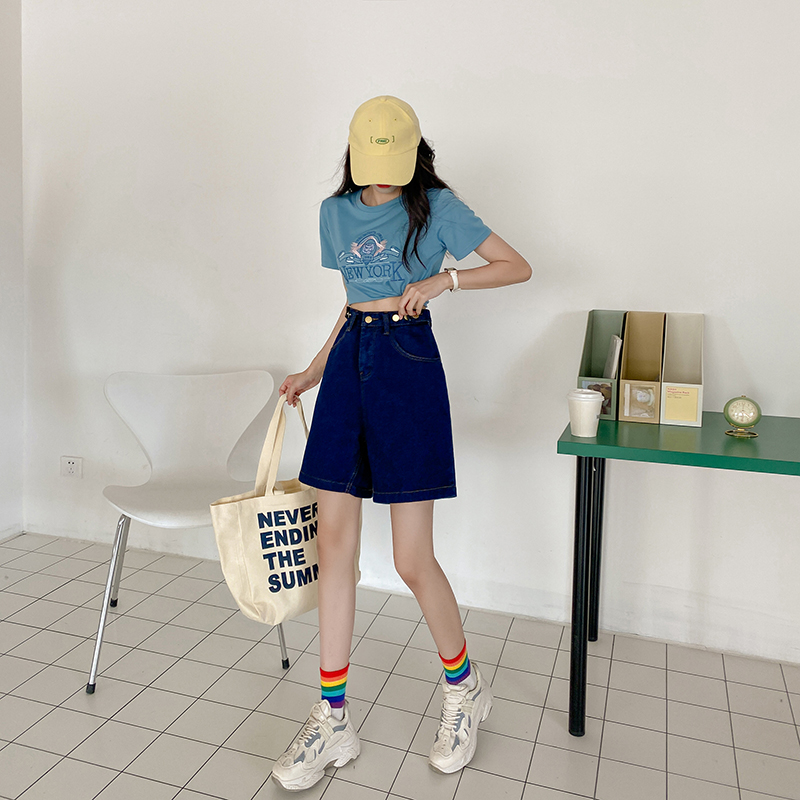 Quần Short Jeans Lưng Cao Ống Rộng Thời Trang Retro Cho Nữ