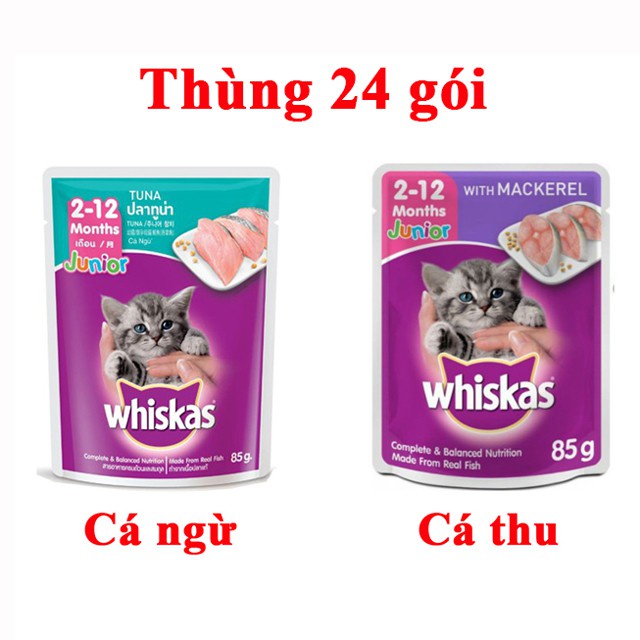 Pate/ Thức ăn ướt Whiskas gói 85g vị cá chứa nhiều chất làm cho hệ tiêu hóa của mèo dễ hấp thu dành cho mèo dưới 12tháng