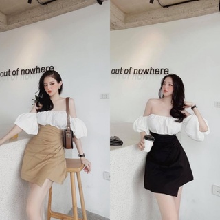 S612 Set đồ đi chơi, thiết kế gồm áo trễ vai tay bay bo chun dáng suông, và chân váy chữ A nhún ly hông tà lệch