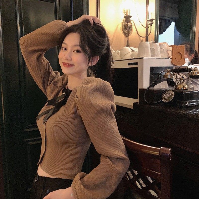 Áo len dáng ôm nơ cổ tay bồng nữ tính công chúa ulzzang A01 - Có ảnh thật
