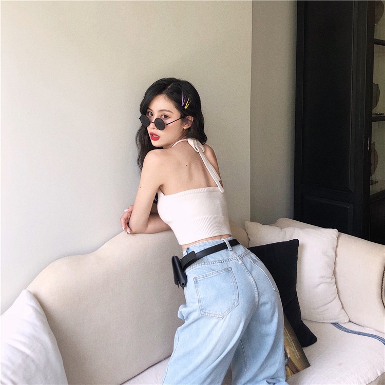 Áo yếm 2 dây hở lưng dáng croptop, Áo hai dây bản to dệt kim len tăm cổ V ulzzang Hàn Quốc C76 - MaoMao