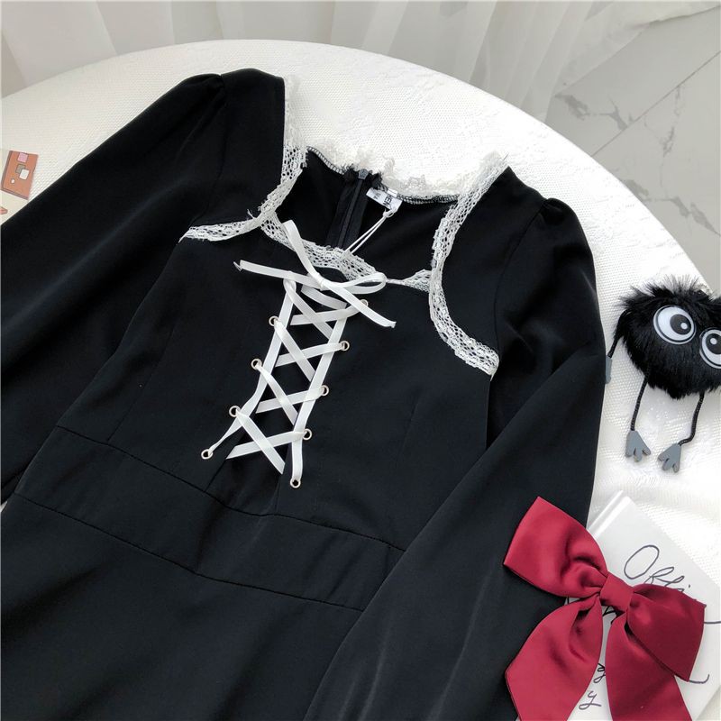 [Có Ảnh Thật - Order] (B) Váy đầm Gothic Lolita đan nơ Hàn Quốc dáng cờ loại đẹp màu đen🎀