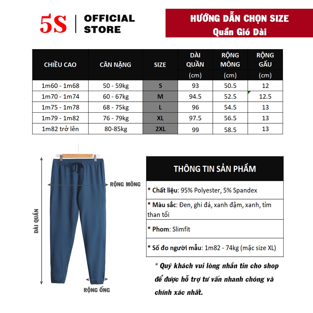 Quần Thể Thao Nam Jogger 5S (5 Màu), Vải Gió Cao Cấp, Mềm Nhẹ, Ống Suông, Vận Động Thoải Mái (QGD21012-02)