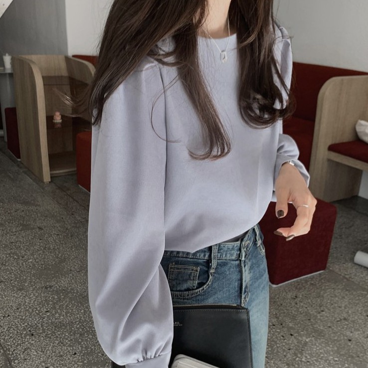 Áo sơ mi nữ cổ tròn dài tay màu trơn đơn giản 38654