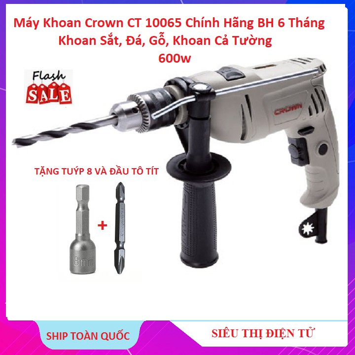 Máy Khoan Chính Hãng Crown CT 10065, Khoan 600w Sắt, Đá, Gỗ, Khoan Tường - Tặng Tuýp 8 Đầu Tô Vít BH 6T