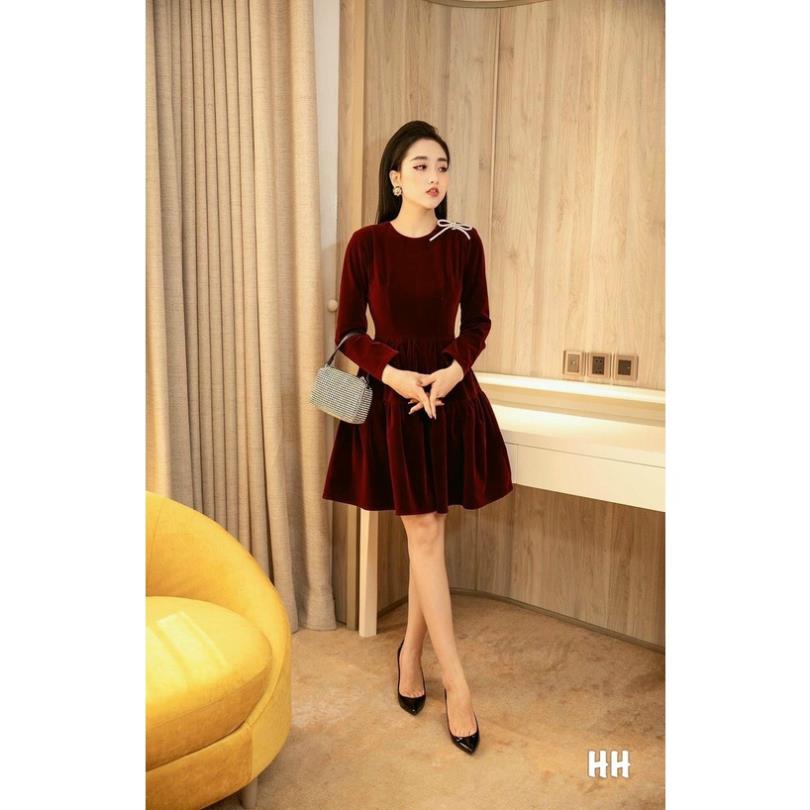 Váy nhung tiểu thư, váy nhung đỏ hàng thiết kế phối nơ sang đẹp tay bồng diện đi chơi nhứt nách | BigBuy360 - bigbuy360.vn