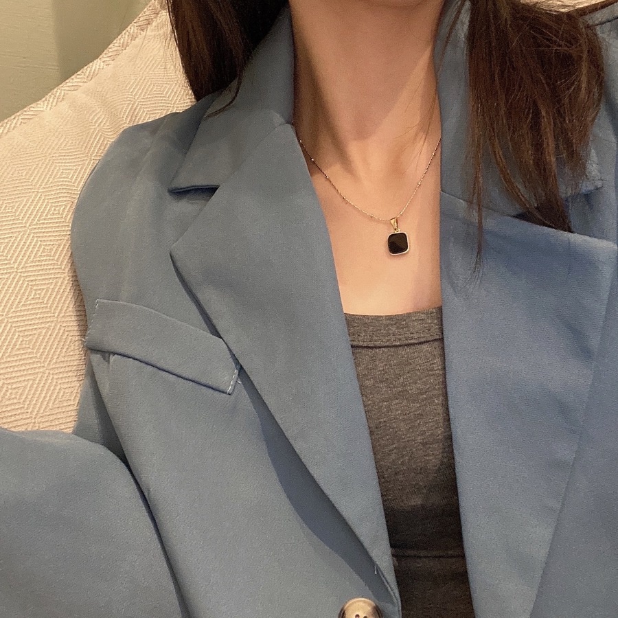 Vòng cổ Thép Titan Mặt Hình Vuông Đính Đá Màu Đen Phong Cách Đơn Giản