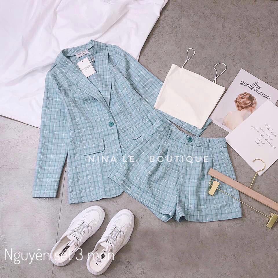 Sét Vest 3 Món Caro Kèm Áo Thun 2 Dây +Quần Short Ngắn Sang Chảnh | BigBuy360 - bigbuy360.vn