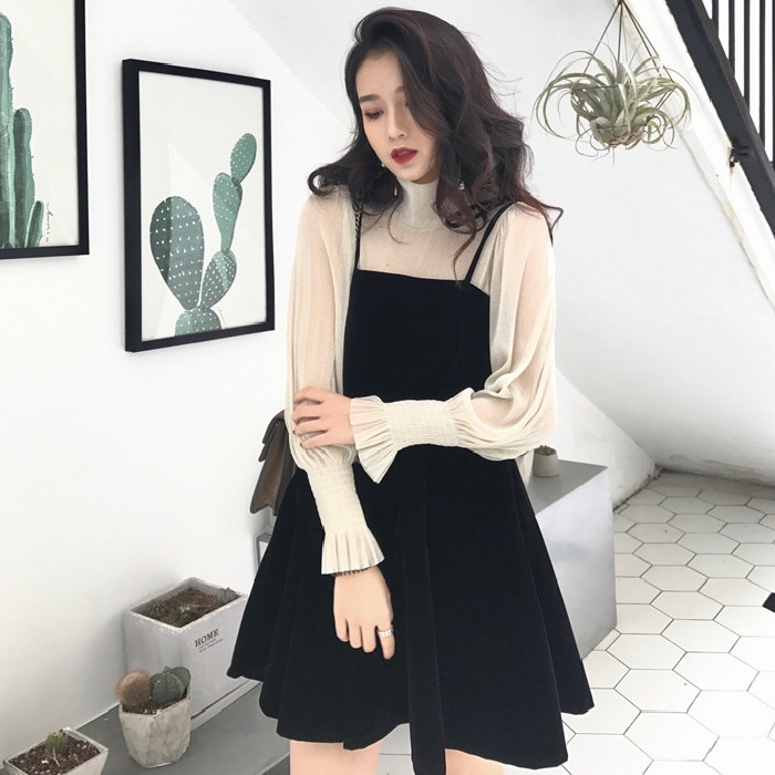 Set Áo Len Dài Tay + Chân Váy Yếm Xinh Xắn Dành Cho Nữ