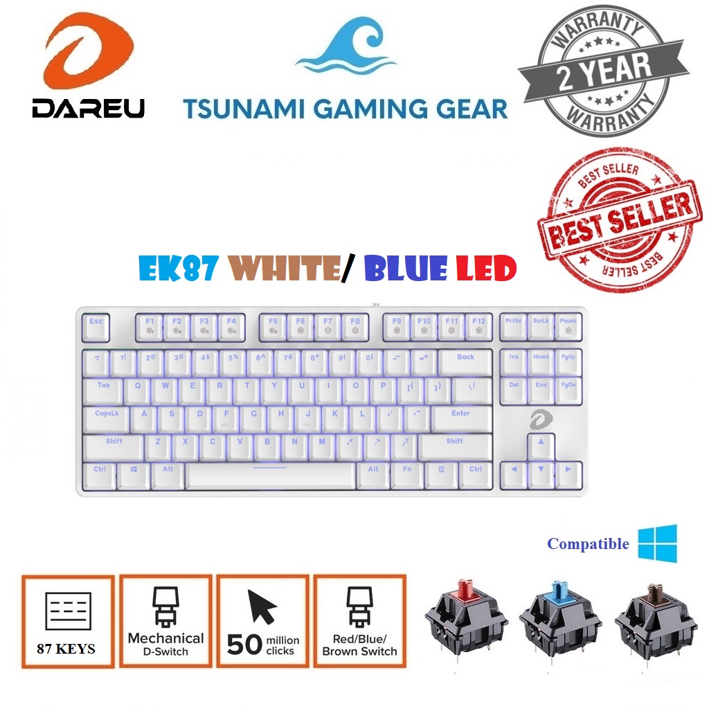 Bàn phím cơ Gaming DareU EK87 WHITE/ 87 KEYS/ Màu trắng/ ICE-BLUE LED (Blue/ Brown/ Red D switch) - BH 2 năm