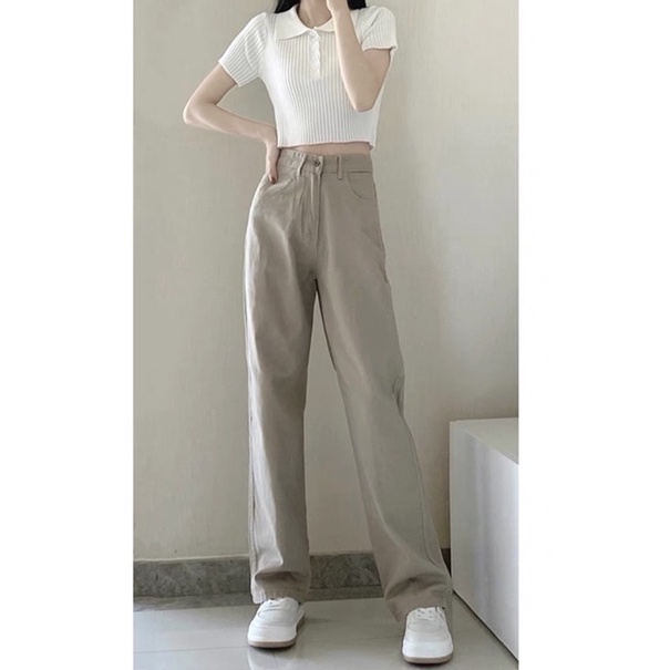 Quần jean kaki dáng suông phong cách ống rộng thẳng thiết kế thích hợp cạp cao basic hàn quốc