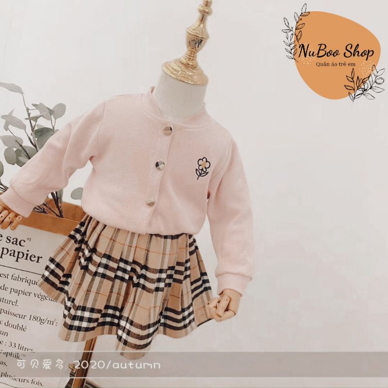 [Xả hàng] Set 2 chi tiết gồm váy kẻ xếp ly kèm áo cài cúc nhung tăm mềm mại, Set váy kẻ áo thu đông cho bé gái