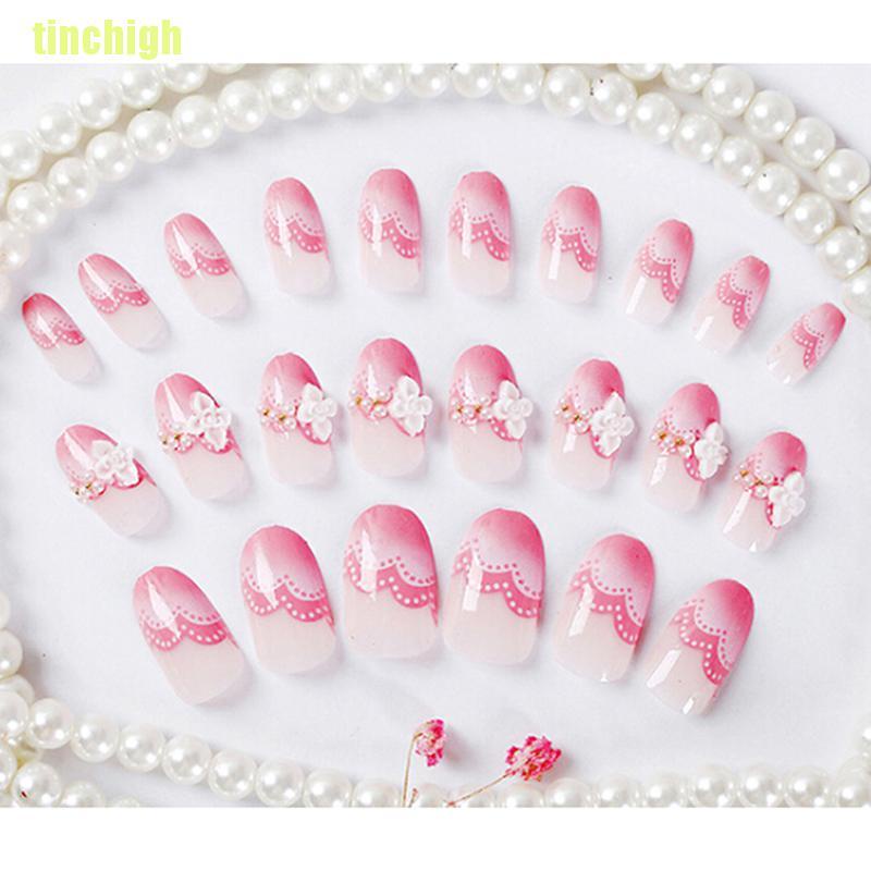 (Hàng Mới Về) Bộ 24 Móng Tay Giả 3D Màu Hồng Xinh Xắn