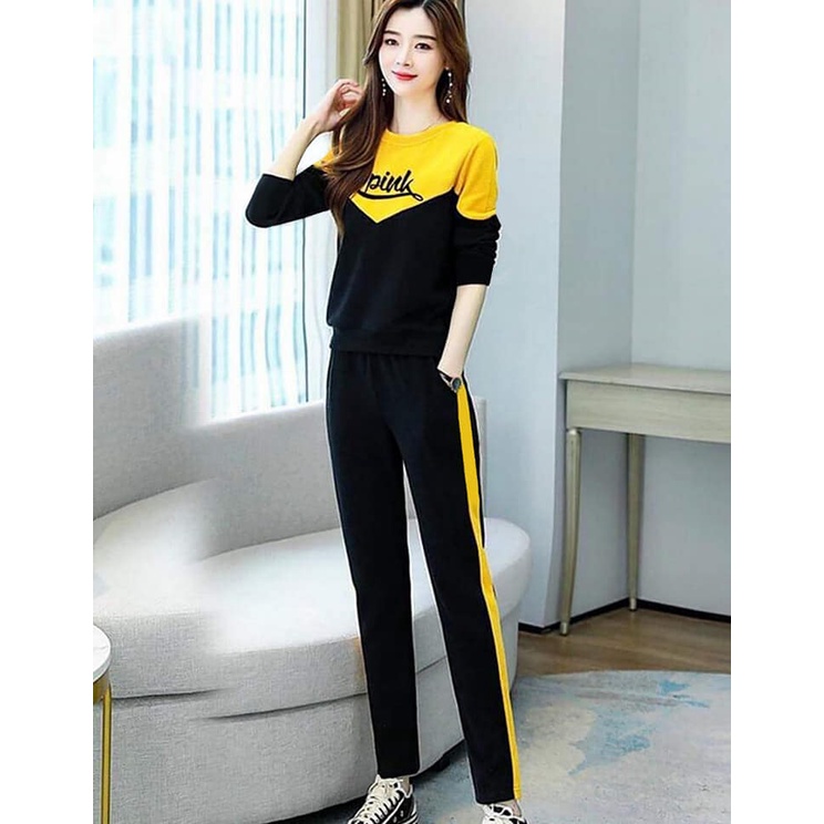 Đồ Bộ Cotton Tay Dài Chữ Thêu Phối Màu- SP Y Hình