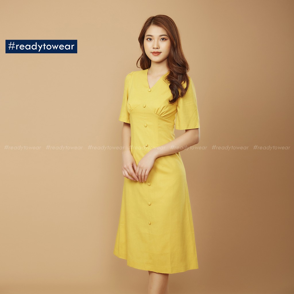 Váy dài tay bồng thiết kế nhún ngực cổ v - đầm tay phồng dáng ôm tay dạ tiệc đi làm đi chơi dạo phố - linen dress D03