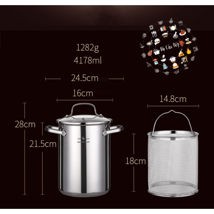 Nồi cao có nắp kèm rổ chiên inox 304 bóng SSGP kích thước 24.5x28cm, 1282g, 4178ml