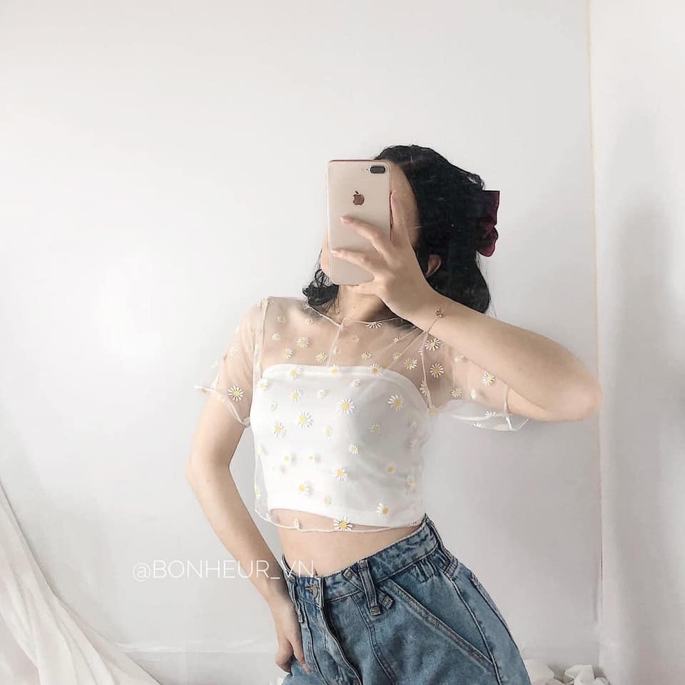 SET 2 MÓN CROPTOP HOA CÚC LƯỚI ❤️ SET ÁO TUBE QUÂY MIX ÁO REN LƯỚI CHIFON HOA CÚC ĐEN TRẮNG