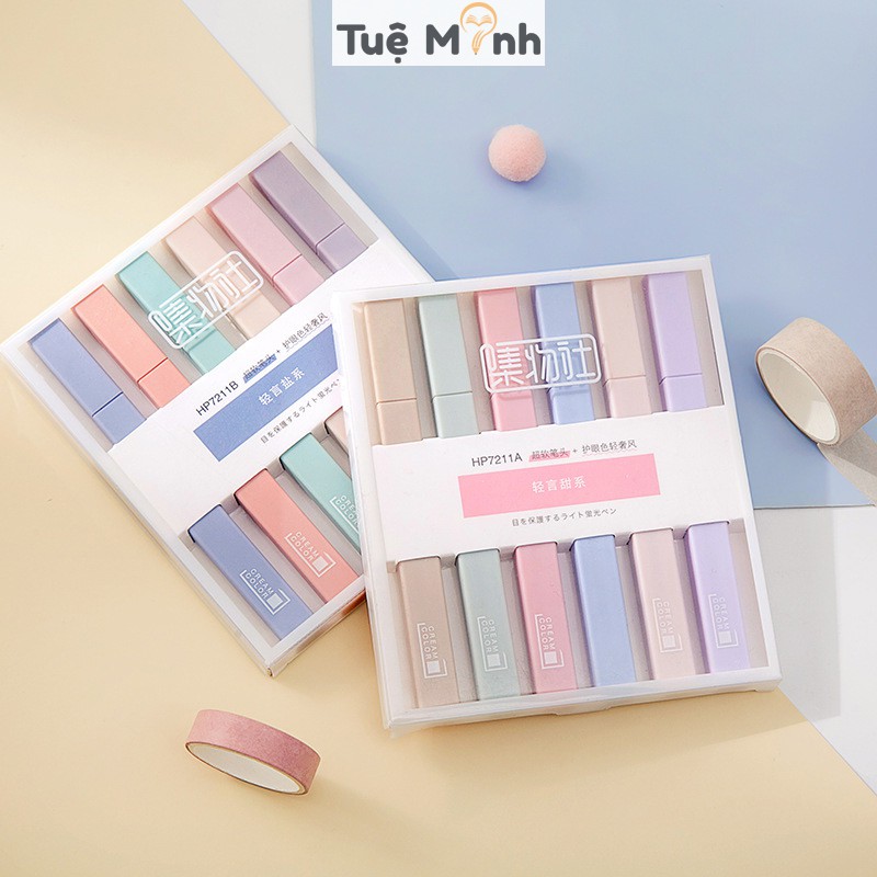 Bộ 6 bút highlight ghi chú thân vuông màu Pastel, bút đánh dấu HI05 màu đẹp