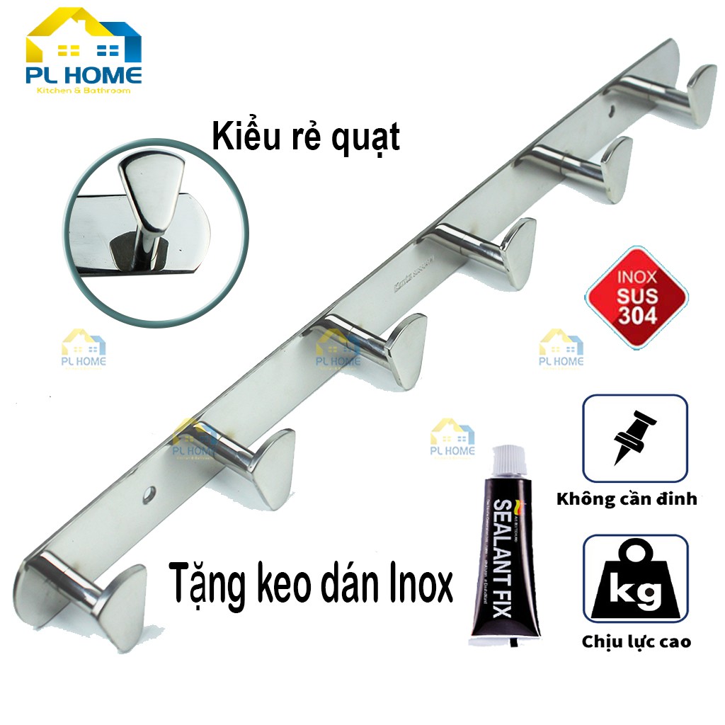 Móc treo quần áo Inox SUS304 hình quạt, treo túi xách, balo, đồ dùng gia đình - Tặng kèm keo dán Inox không cần khoan