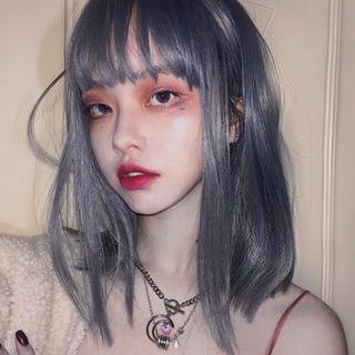 Tóc giả nữ tóc ngắn thẳng mềm mại Lolita lưới màu đỏ khói xanh cá tính hai chiều bồng bềnh mặt tròn tóc xương đòn