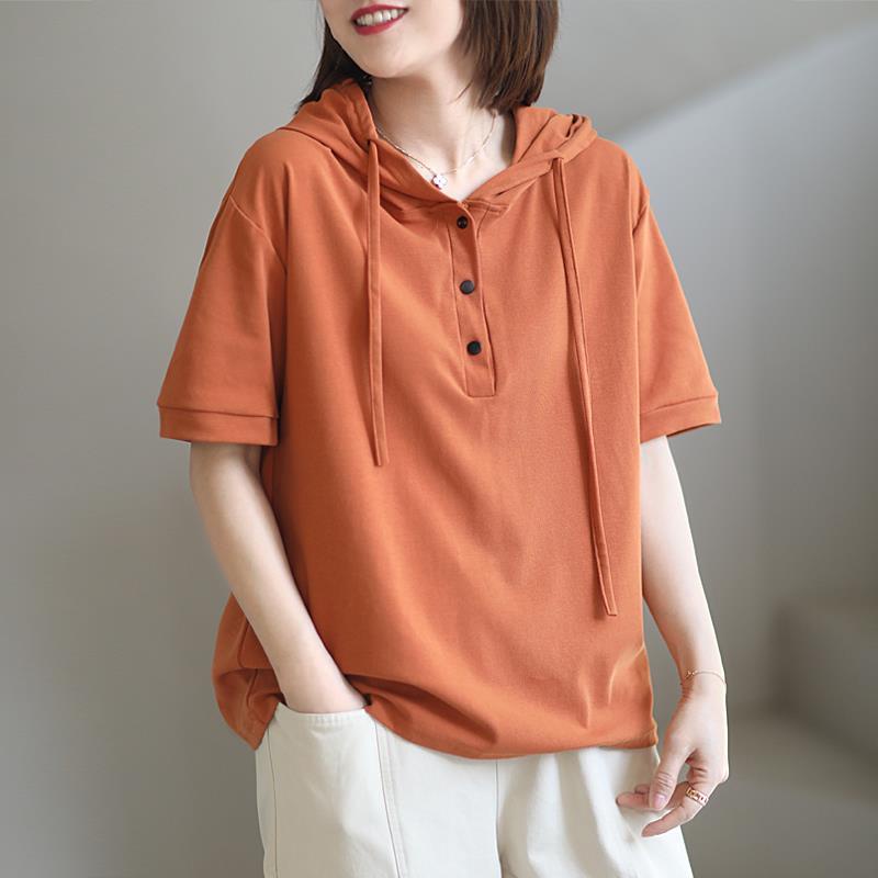 Áo Thun Tay Ngắn Có Mũ Trùm Đầu Chất Liệu Cotton 100% Thiết Kế Đơn Giản Phong Cách Hàn Quốc
