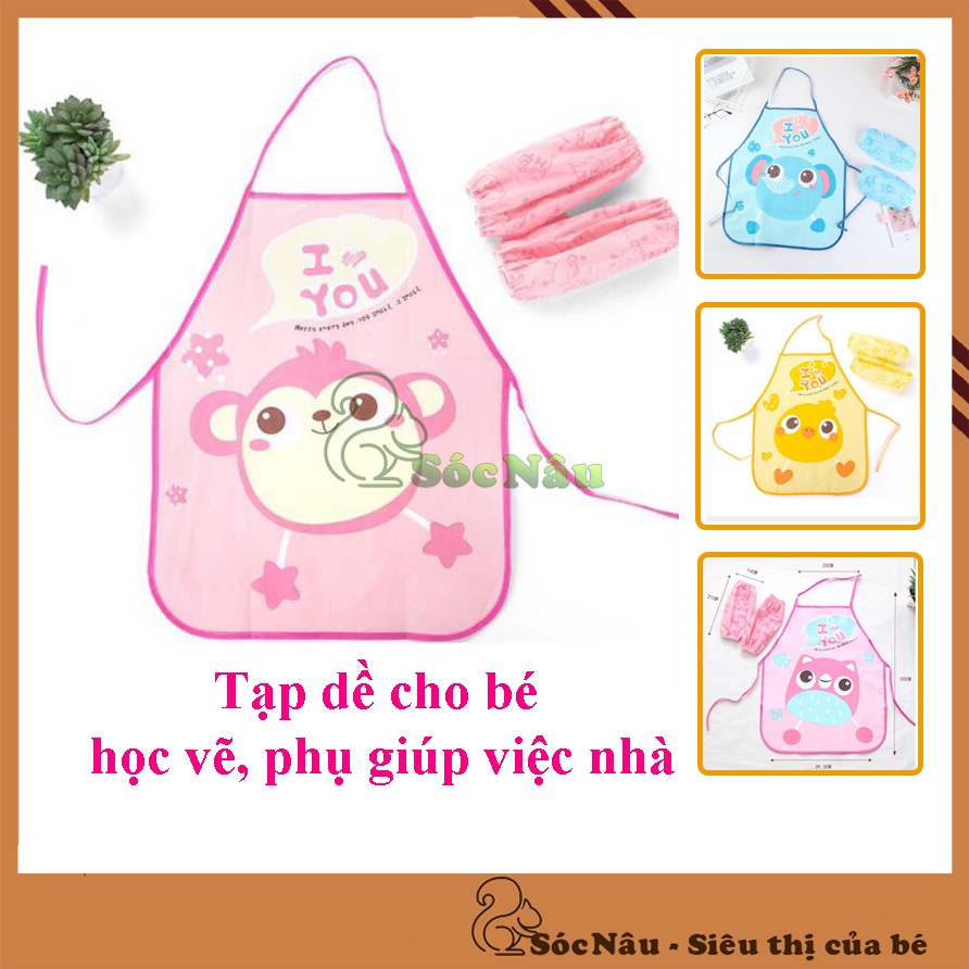 Tạp dề cho bé học vẽ, phụ giúp việc nhà họa tiết hình thú dễ thương chống thấm nước kèm lót tay