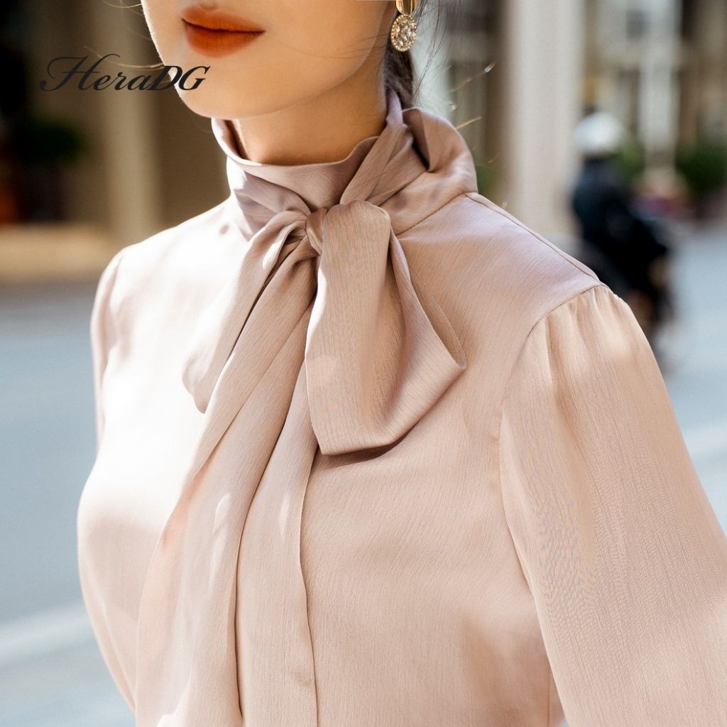 Áo Sơ Mi Lụa Công Sở Nữ HeraDG Thiết Kế Tay Dài Cổ Thắt Nơ Điệu, Chất Vải Mềm Nhẹ WAKBA016