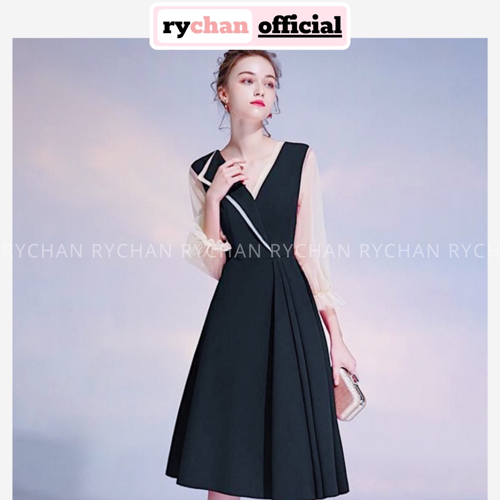 Đầm Nữ Dự Tiệc Dáng Dài Xòe Không Tay Cổ V Phối Voan Trắng  Basic Thanh Lịch Màu Đen [ẢNH THẬT CUỐI] - DX9867