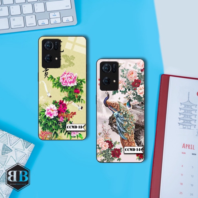 ỐP lưng kính cường lực Oppo Reno 7 Pro 5G chim công mẫu đơn