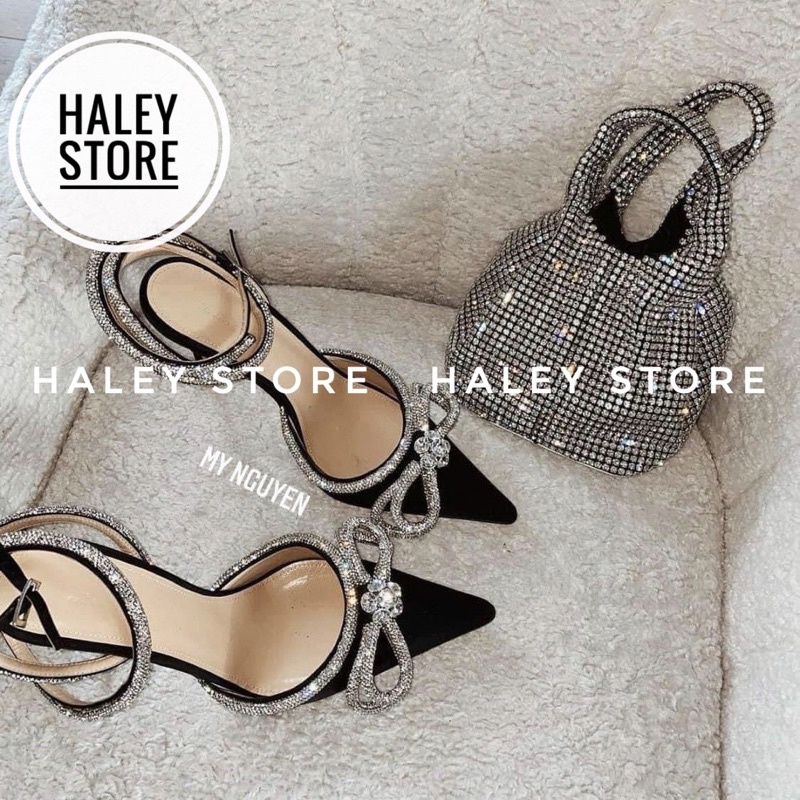 Giày sandal HALEY STORE bít mũi da lụa đính nơ xoàn đá phale quai trong suốt lấp lánh đi tiệc cô dâu ngày cưới rẻ bềnđẹp