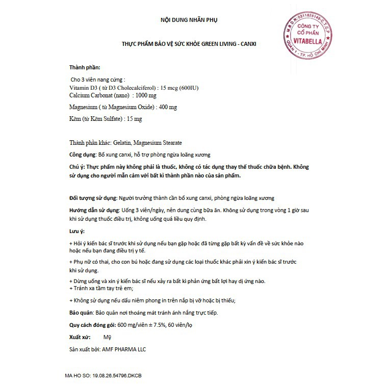 Thực phẩm hỗ trợ bổ sung canxi Green Living Canxi