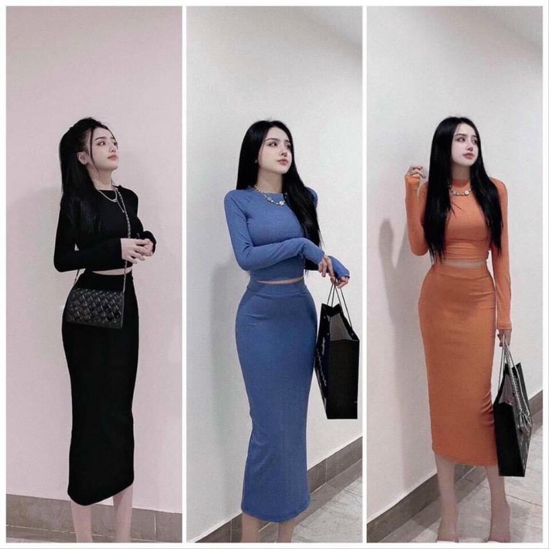 Set Thun Áo Croptop Cổ Tròn Tay Dài Và Chân Váy Bút Chì Dáng Dài Maxi Form Ôm Body Sexy