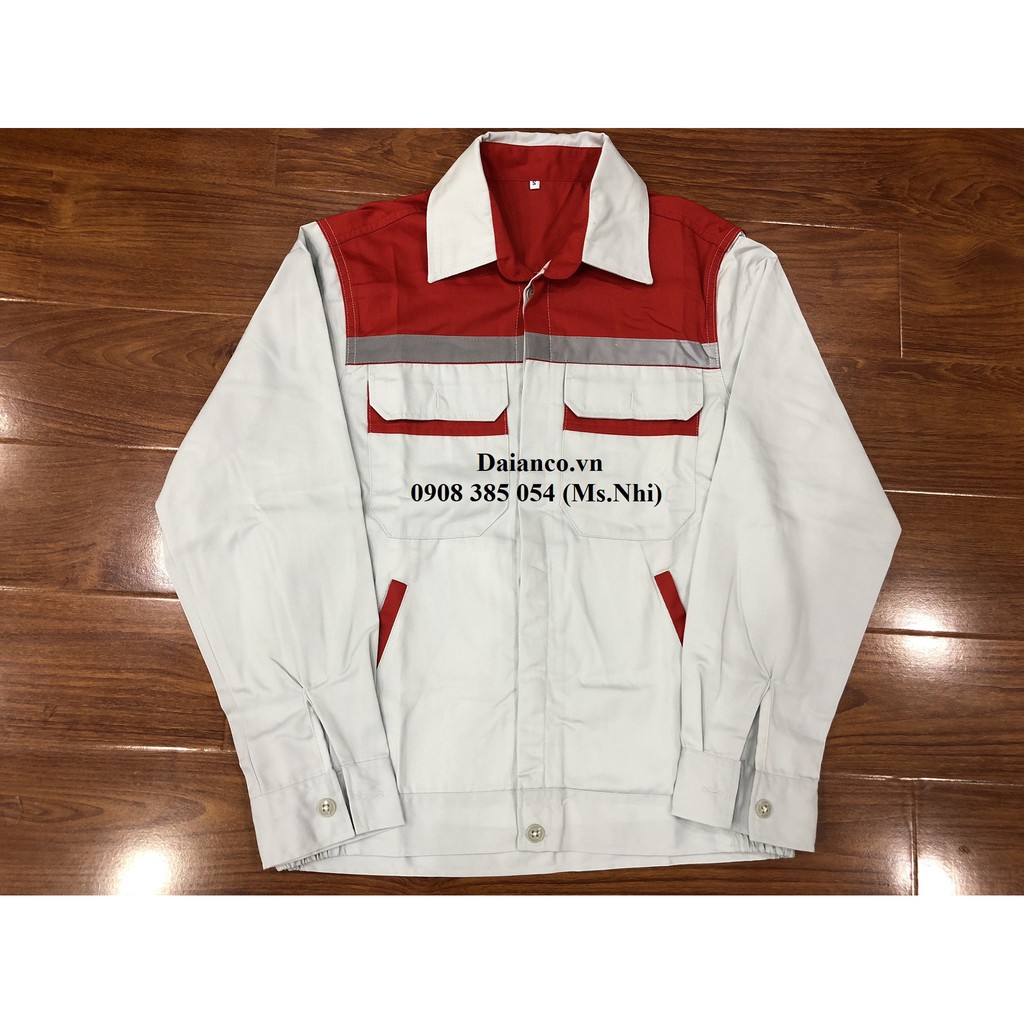 Quần áo bảo hộ vải kaki màu ghi trắng phối đỏ DN12- Hình thật, hàng sẵn