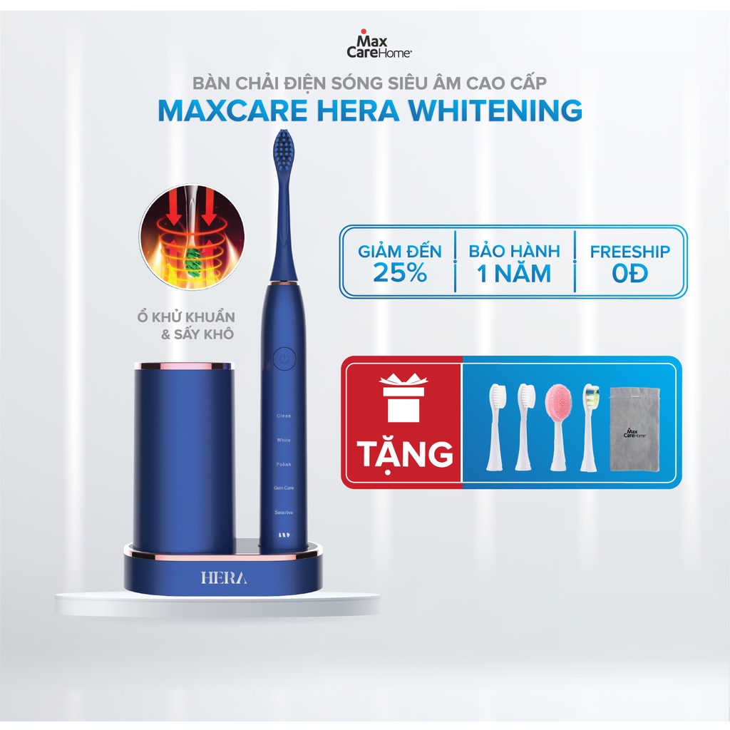 Bàn Chải Điện Maxcare Hera Whitening 3 Trong 1 - Khử Khuẩn Sấy Khô, Công Nghệ Sóng Âm Sonic, Kèm Đầu Rửa Mặt - Nhật Bản