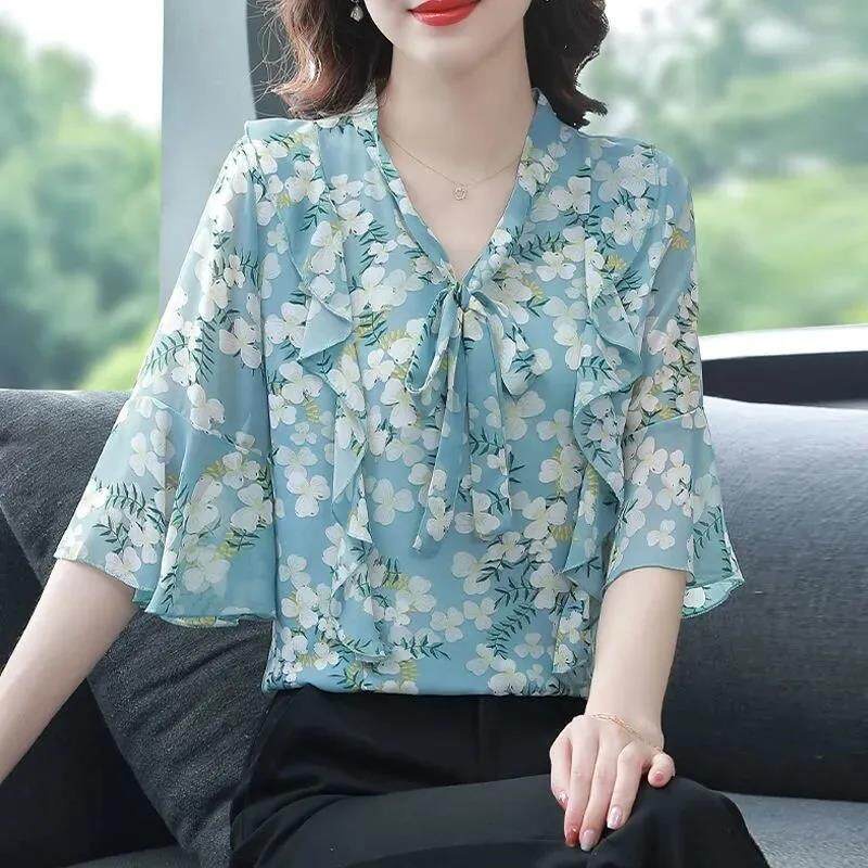 Áo Sơ Mi Chiffon Tay Lỡ 3 / 4 In Hoa Thời Trang Công Sở Cho Nữ