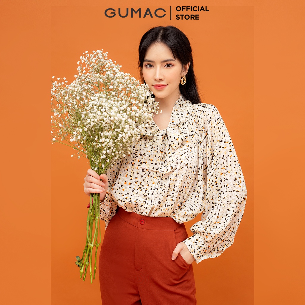 Áo kiểu nữ họa tiết GUMA, thiết kế buộc nơ màu vàng thanh lịch AB537