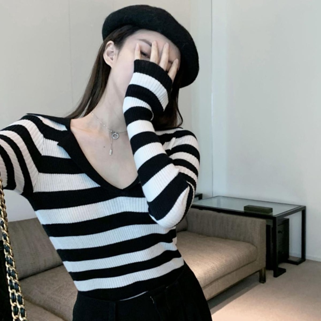 Áo kiểu ZHELIHANGFEI dệt kim tay dài cổ polo bẻ họa tiết kẻ sọc thời trang trẻ trung dành cho nữ