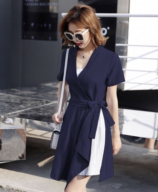 Đầm Nữ Xanh Đen Cột Eo Phối Sọc