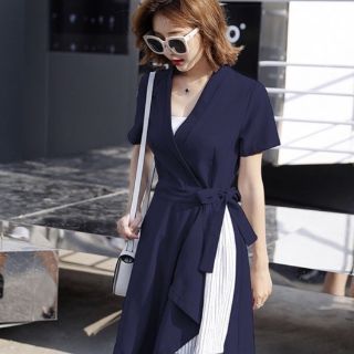 Đầm Nữ Xanh Đen Cột Eo Phối Sọc (KÈM ẢNH THẬT)