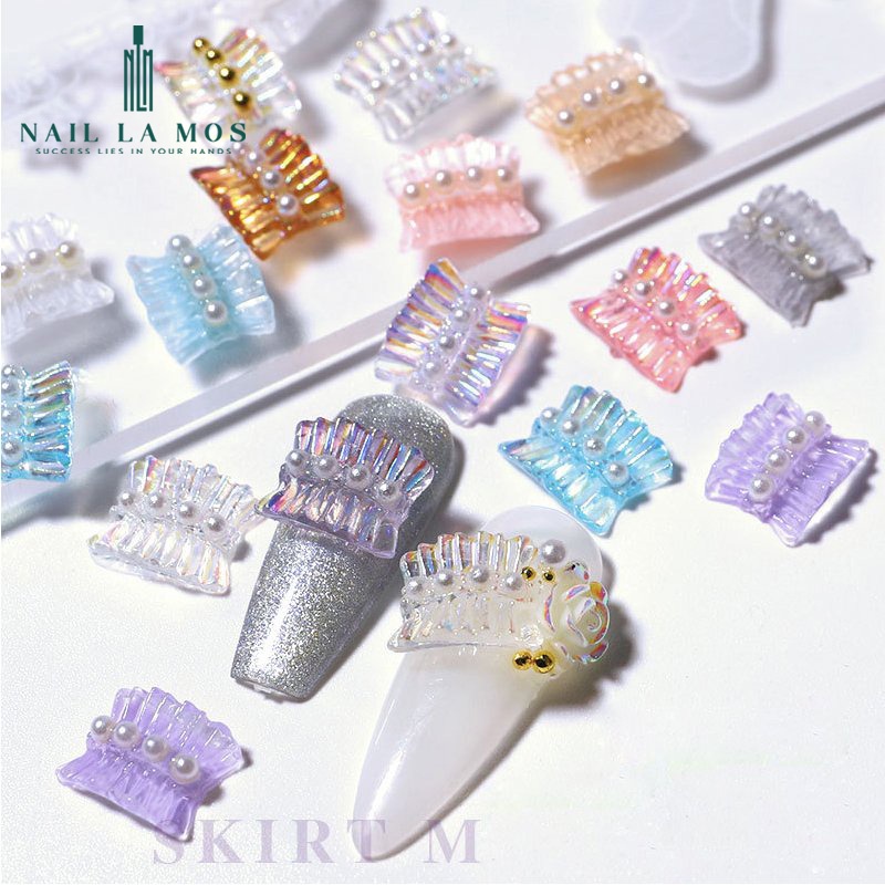 Set 20 charm nơ nhún - Charm nơ nhựa ánh cầu vồng đính hạt ngọc trai giả nhựa phong cách Hàn Nhật