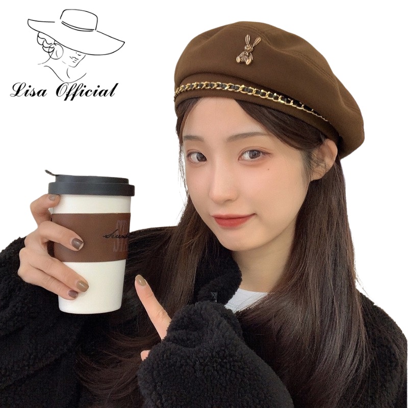 Mũ Nồi Dạ 💖 Lisa Official 💖 Nón Beret Phối Dây Xích Kim Loại Thời Trang Thu Đông Nhật Bản Cá Tính - SV-5