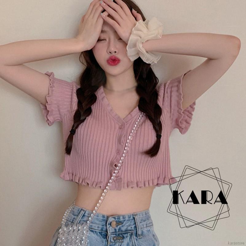 Áo Croptop Dệt Kim Tay Ngắn Phối Nút Cổ Chữ V Quyến Rũ